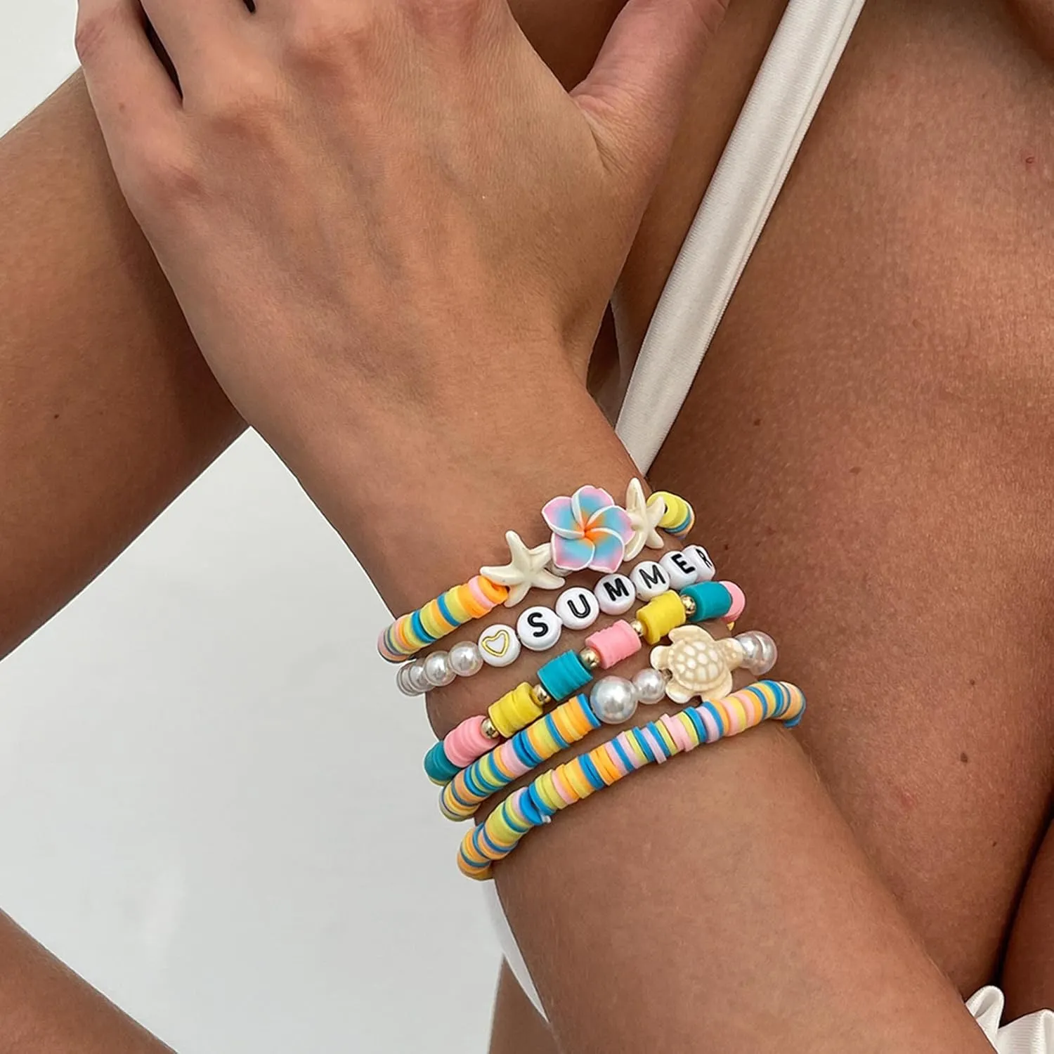 RINHOO FRIENDSHIP Clay Bead Bracelets Set for Women Boho Colorful Cute Shell Starfish Turtle Clay Flower Stretch Stackable Summer Beach Bracelets Jewelry for Women