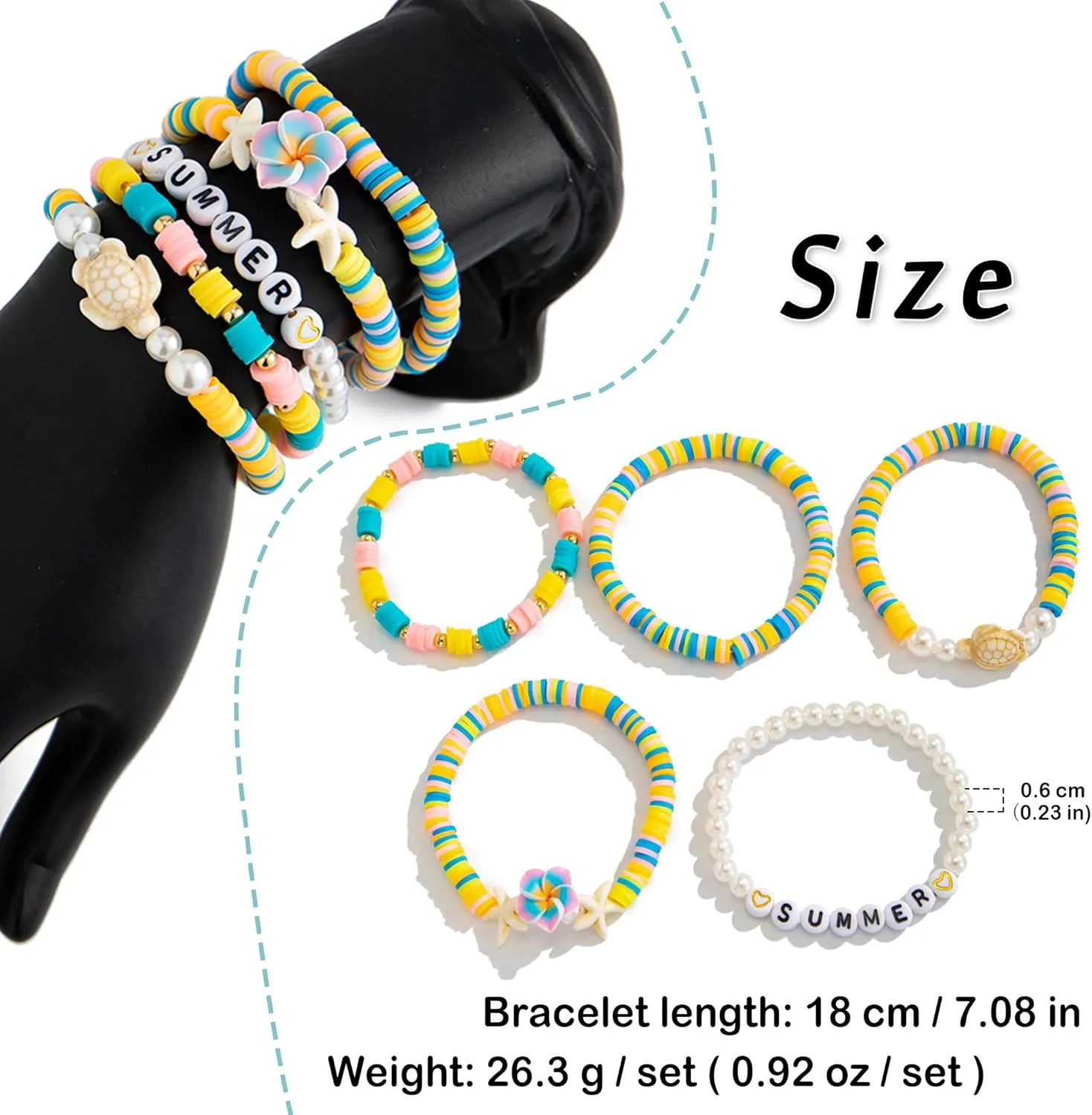 RINHOO FRIENDSHIP Clay Bead Bracelets Set for Women Boho Colorful Cute Shell Starfish Turtle Clay Flower Stretch Stackable Summer Beach Bracelets Jewelry for Women