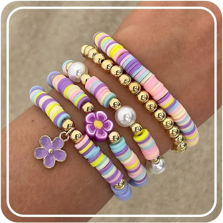 RINHOO FRIENDSHIP Clay Bead Bracelets Set for Women Boho Colorful Cute Shell Starfish Turtle Clay Flower Stretch Stackable Summer Beach Bracelets Jewelry for Women