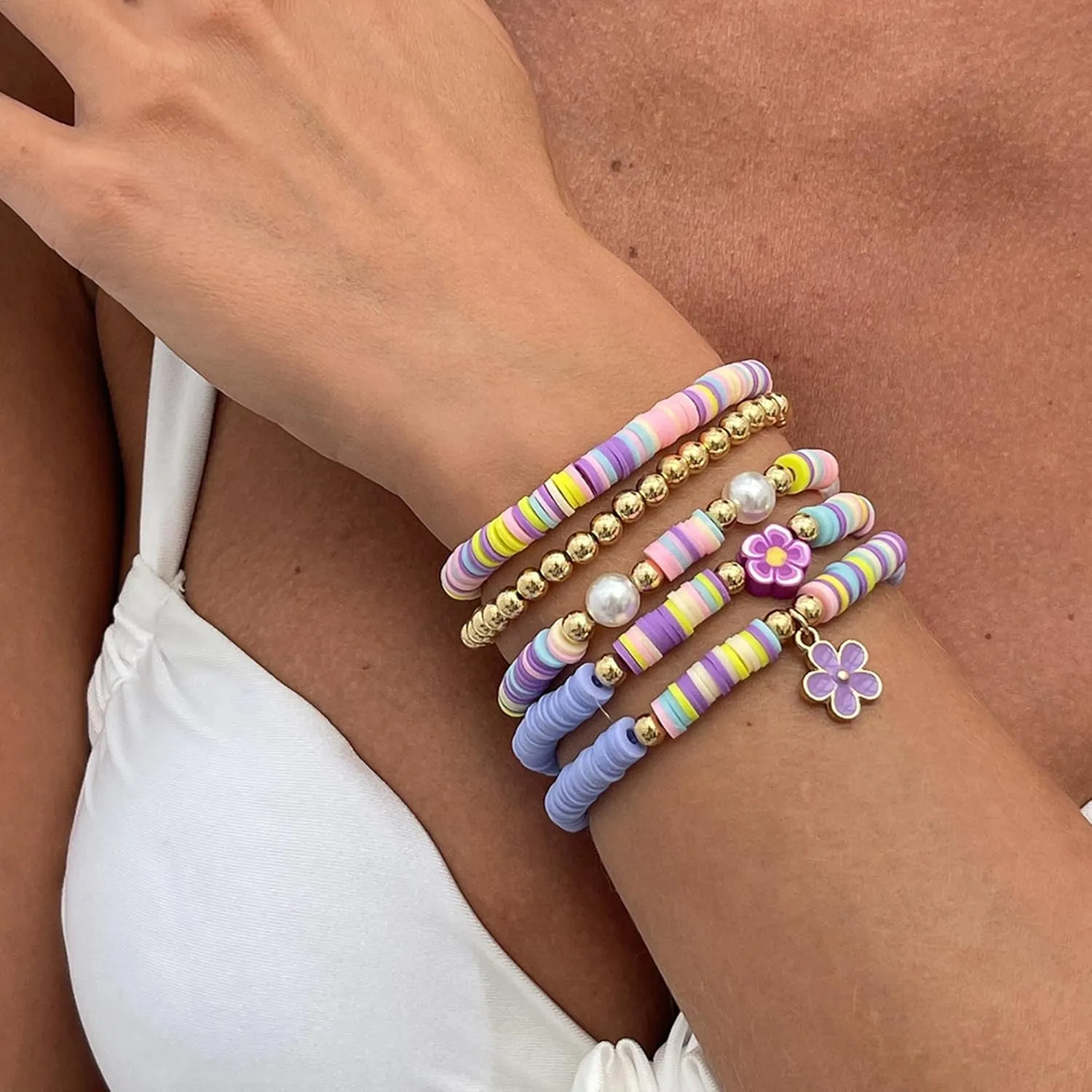 RINHOO FRIENDSHIP Clay Bead Bracelets Set for Women Boho Colorful Cute Shell Starfish Turtle Clay Flower Stretch Stackable Summer Beach Bracelets Jewelry for Women