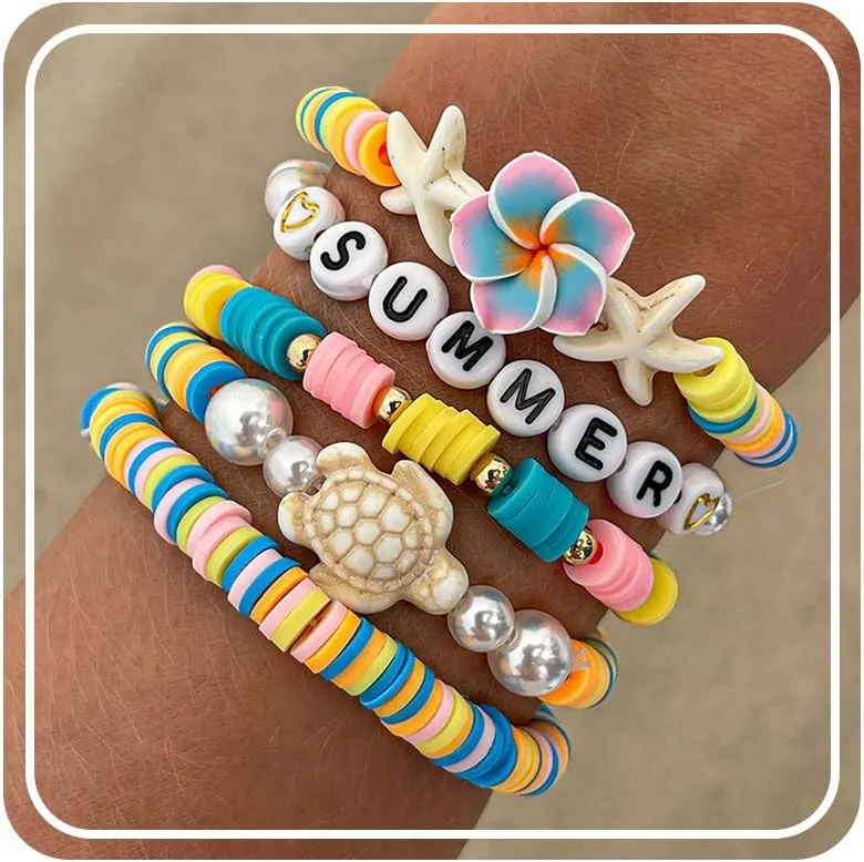 RINHOO FRIENDSHIP Clay Bead Bracelets Set for Women Boho Colorful Cute Shell Starfish Turtle Clay Flower Stretch Stackable Summer Beach Bracelets Jewelry for Women