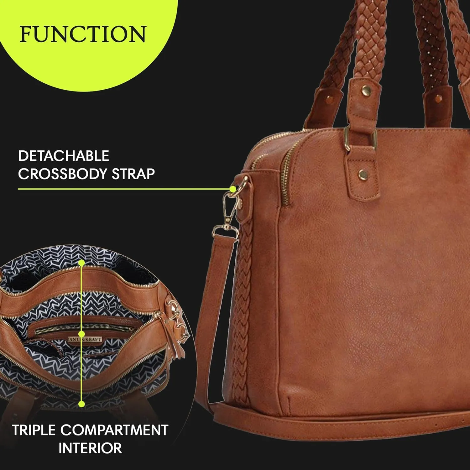 Roxanne Satchel | Vegan Leather Satchel for Women | Triple compartment Satchel with Detachable crossbody strap |
