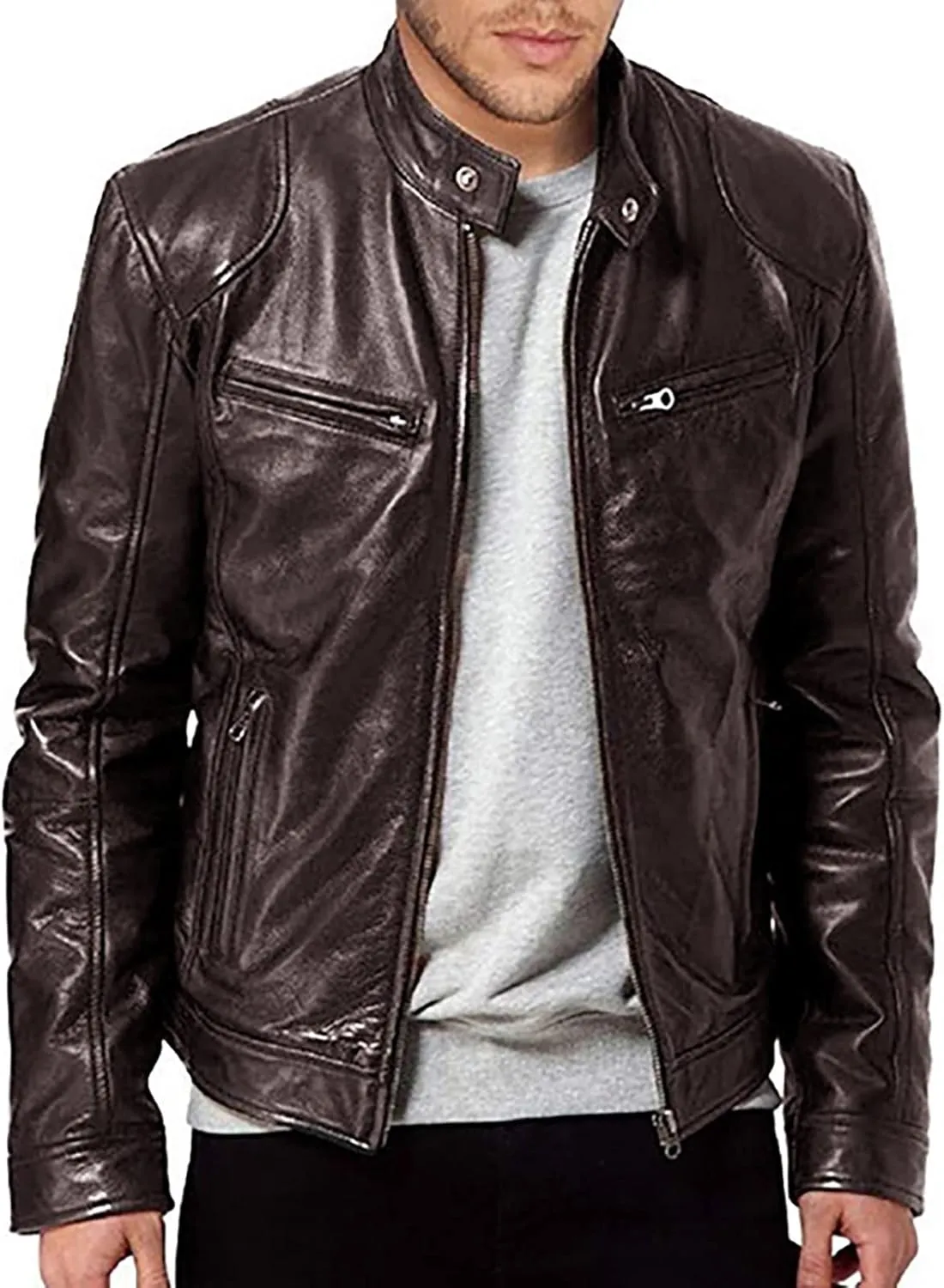 RTRDE Men's Jacket Stand Collar Leather Jacket Motorcycle Pu Faux Jacket Winter Outwear Coat Jacket, S-4XL