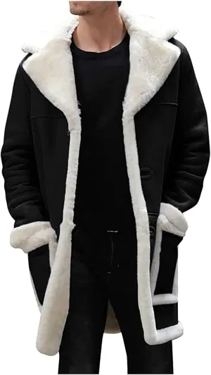 RTRDE Men's Winter Trench Coat Sherpa Lined Overcoat Lapel Long Jacket Coat Outwear, M-5XL