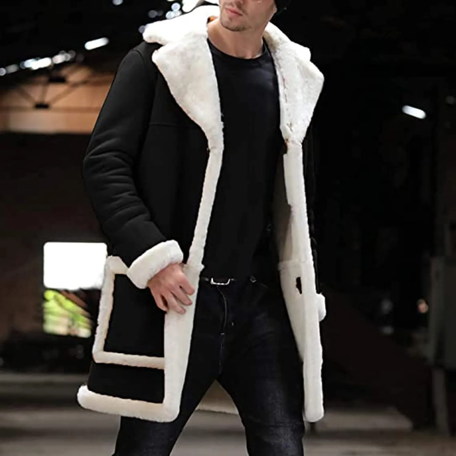 RTRDE Men's Winter Trench Coat Sherpa Lined Overcoat Lapel Long Jacket Coat Outwear, M-5XL