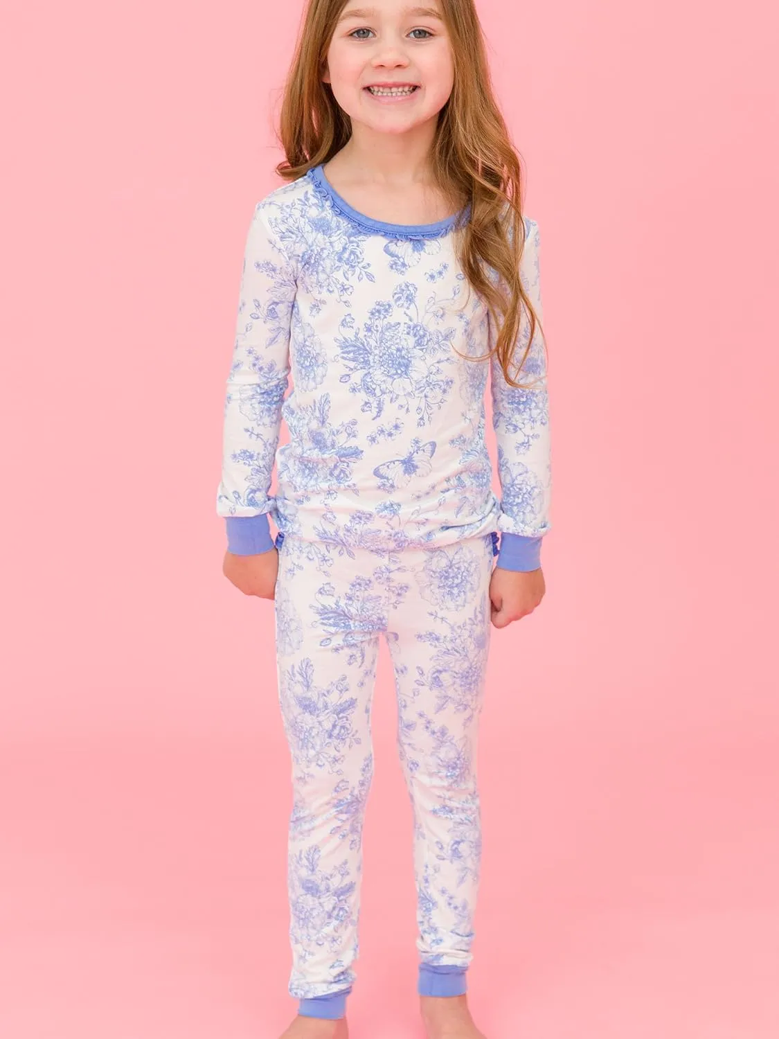 RuffleButts SoftSnooze Viscose from Bamboo Toddler Girls Ruffle Long Sleeve Pajama Set