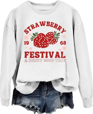 SAUIVD Women's Graphic Tees Strawberry Festivals Sweatshirt for Women Cute Strawberry Sweatshirts Long Sleeve Top Tees