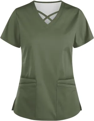 Scrubs for Women Print Short Sleeve Working T-Shirts Criss Cross V Neck Dressy T Shirts Summer Nurse Uniforms