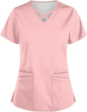 Scrubs for Women Print Short Sleeve Working T-Shirts Criss Cross V Neck Dressy T Shirts Summer Nurse Uniforms