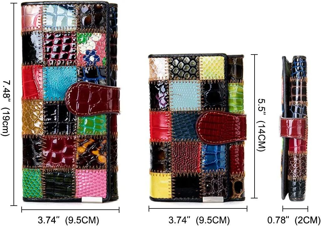 Segater Women Multicolor Wallets Genuine Leather Card Holder Organizer Purses Model Stitching Bag Wallet with Flap Phone Clutch Large Long Purse
