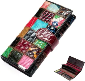 Segater Women Multicolor Wallets Genuine Leather Card Holder Organizer Purses Model Stitching Bag Wallet with Flap Phone Clutch Large Long Purse