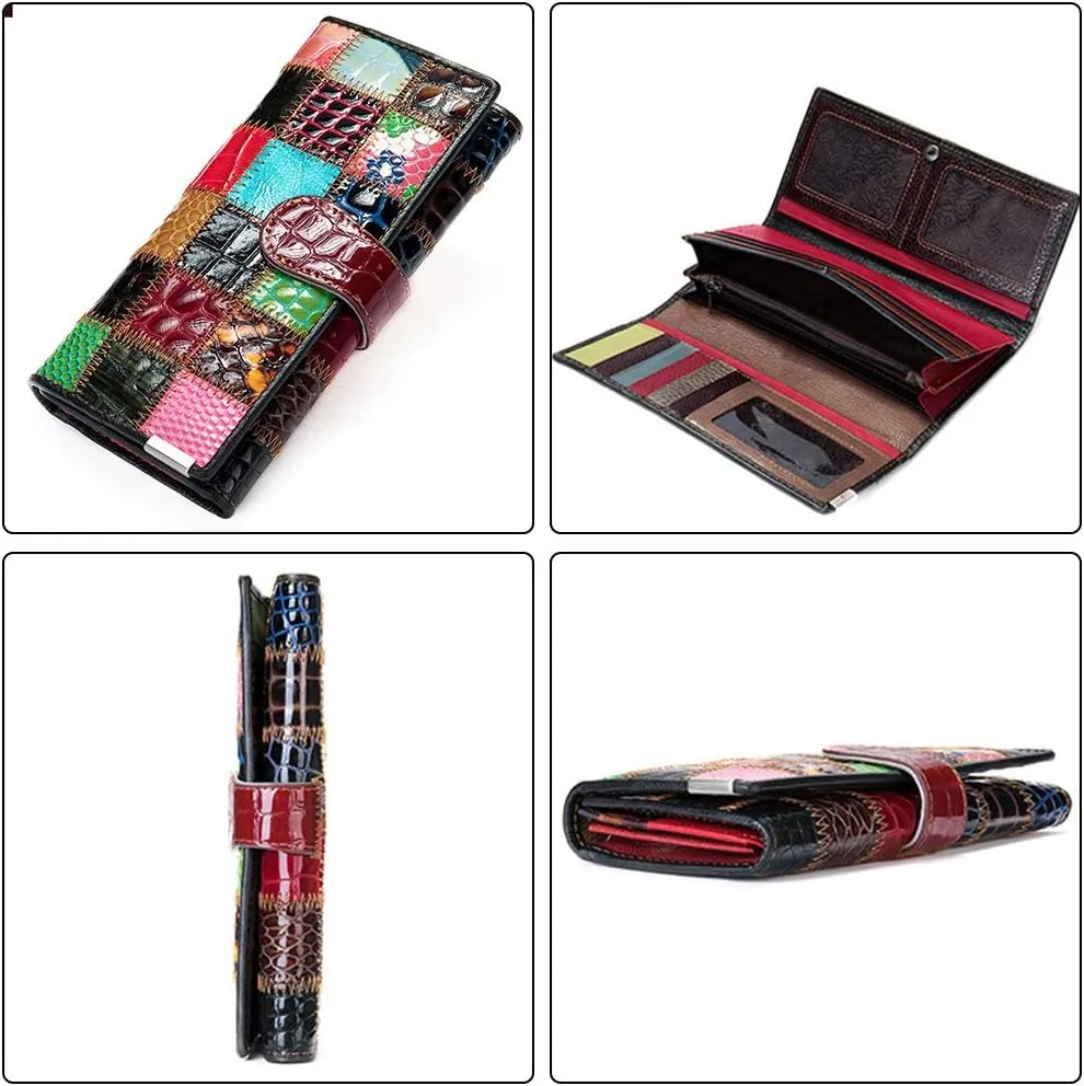 Segater Women Multicolor Wallets Genuine Leather Card Holder Organizer Purses Model Stitching Bag Wallet with Flap Phone Clutch Large Long Purse