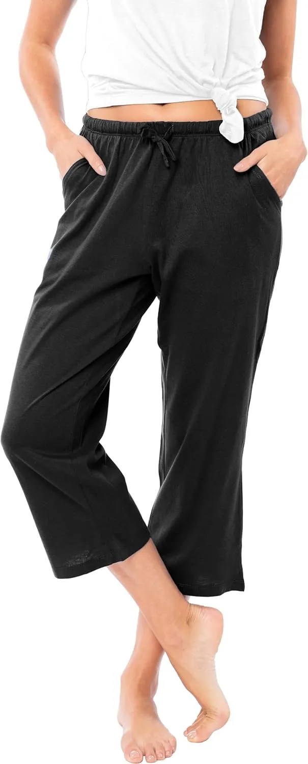 Sexy Basics Women's 3 Pack Cotton Lounge Pants | Sleep -Capri -Yoga Style Drawstring PJ Bottoms