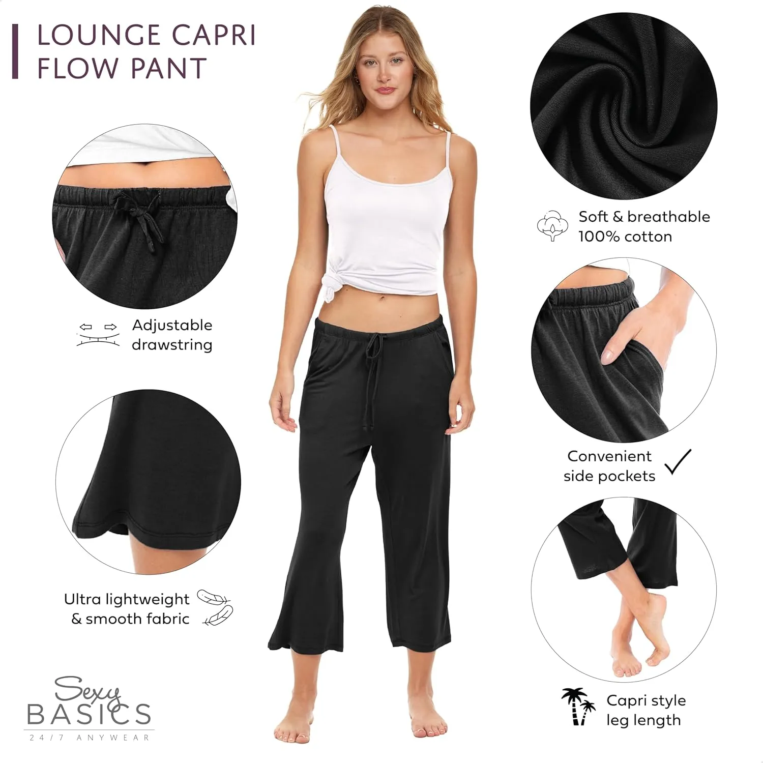 Sexy Basics Women's 3 Pack Cotton Lounge Pants | Sleep -Capri -Yoga Style Drawstring PJ Bottoms
