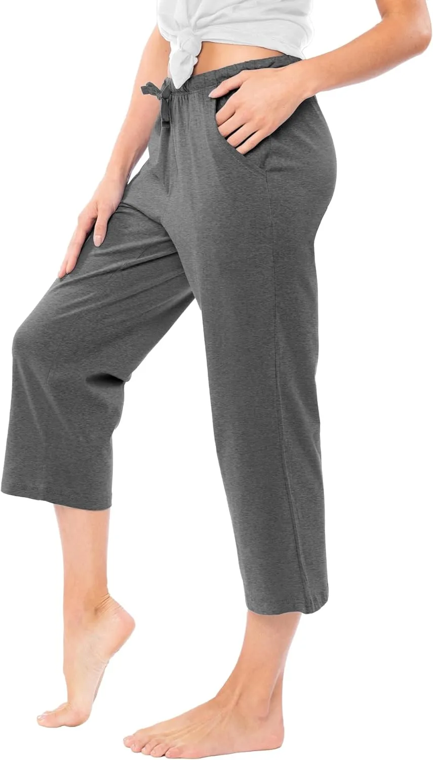 Sexy Basics Women's 3 Pack Cotton Lounge Pants | Sleep -Capri -Yoga Style Drawstring PJ Bottoms