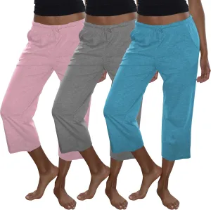 Sexy Basics Women's 3 Pack Cotton Lounge Pants | Sleep -Capri -Yoga Style Drawstring PJ Bottoms