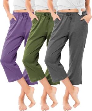 Sexy Basics Women's 3 Pack Cotton Lounge Pants | Sleep -Capri -Yoga Style Drawstring PJ Bottoms