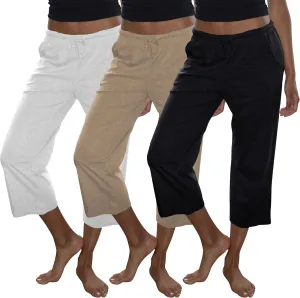 Sexy Basics Women's 3 Pack Cotton Lounge Pants | Sleep -Capri -Yoga Style Drawstring PJ Bottoms