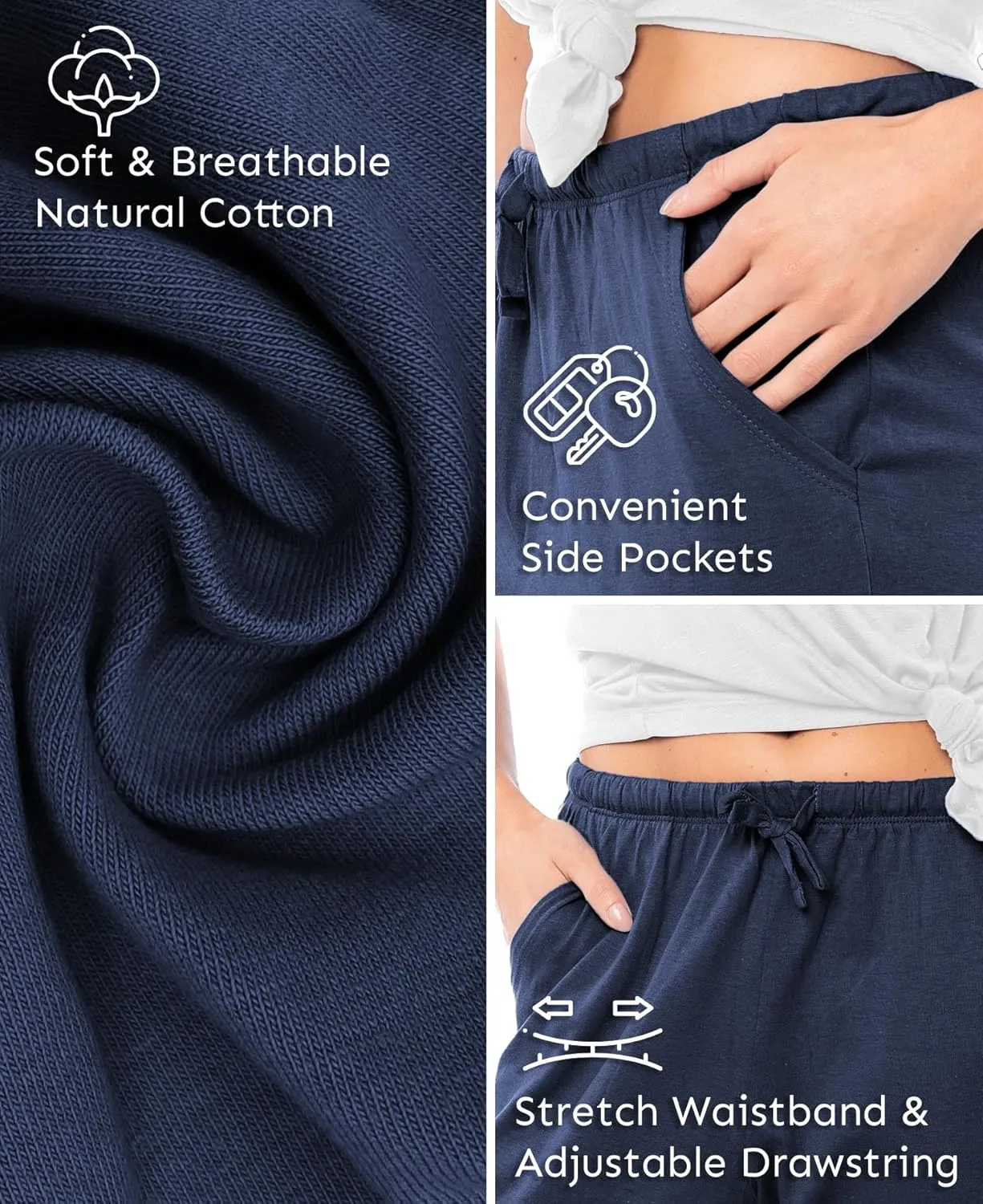 Sexy Basics Women's 3 Pack Cotton Lounge Pants | Sleep -Capri -Yoga Style Drawstring PJ Bottoms