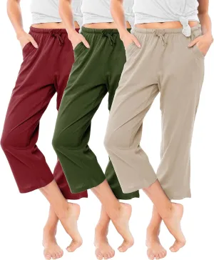 Sexy Basics Women's 3 Pack Cotton Lounge Pants | Sleep -Capri -Yoga Style Drawstring PJ Bottoms