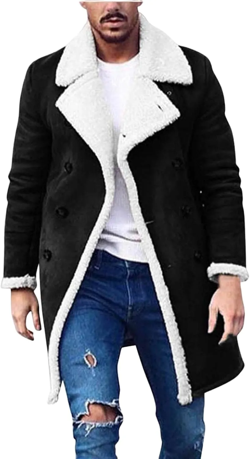 Sherpa Lined Jacket Men Sheepskin Fleece Coat Fur Collar Long Trench Coats Double Breasted Peacoat Warm Winter Overcoat