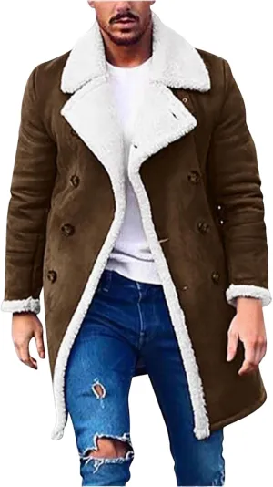 Sherpa Lined Jacket Men Sheepskin Fleece Coat Fur Collar Long Trench Coats Double Breasted Peacoat Warm Winter Overcoat