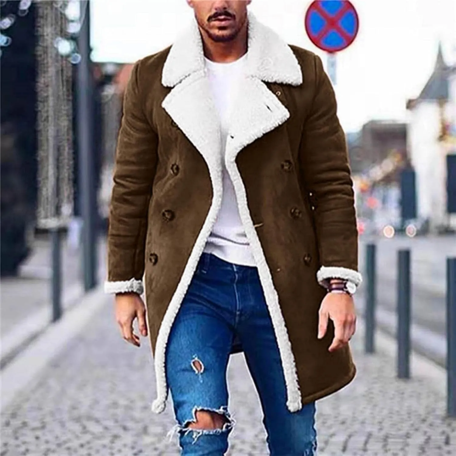 Sherpa Lined Jacket Men Sheepskin Fleece Coat Fur Collar Long Trench Coats Double Breasted Peacoat Warm Winter Overcoat