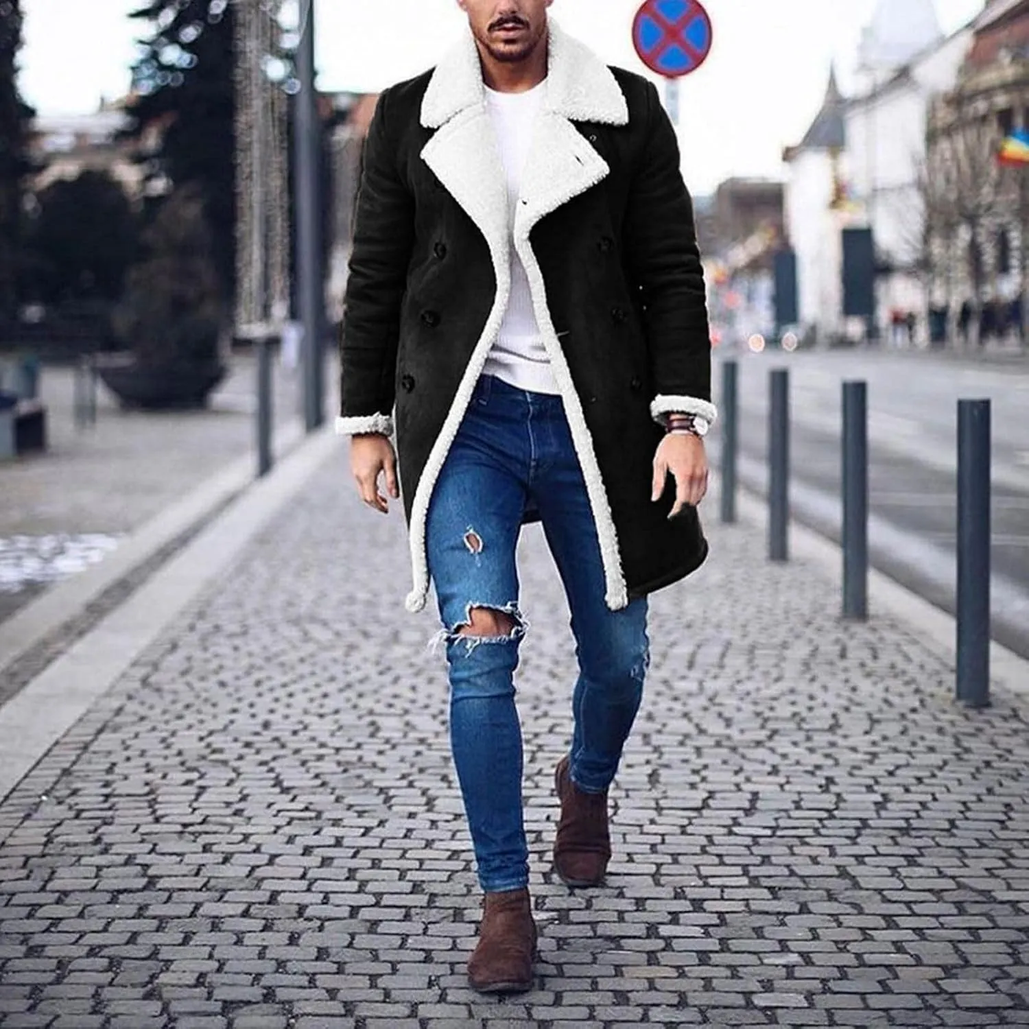 Sherpa Lined Jacket Men Sheepskin Fleece Coat Fur Collar Long Trench Coats Double Breasted Peacoat Warm Winter Overcoat