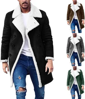 Sherpa Lined Jacket Men Sheepskin Fleece Coat Fur Collar Long Trench Coats Double Breasted Peacoat Warm Winter Overcoat