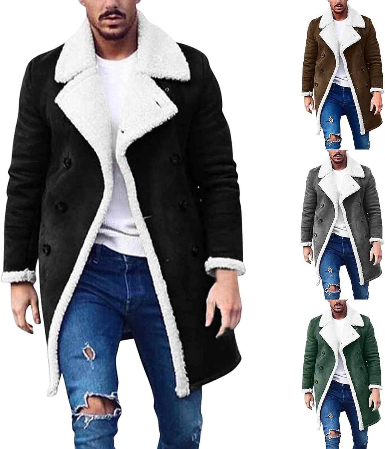 Sherpa Lined Jacket Men Sheepskin Fleece Coat Fur Collar Long Trench Coats Double Breasted Peacoat Warm Winter Overcoat
