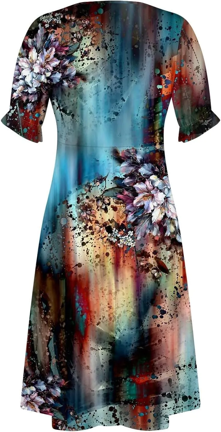Shift Dresses for Women Faux Wrap Irregular Hem Boho Midi-Dress Elegant Summer 2024 Trendy