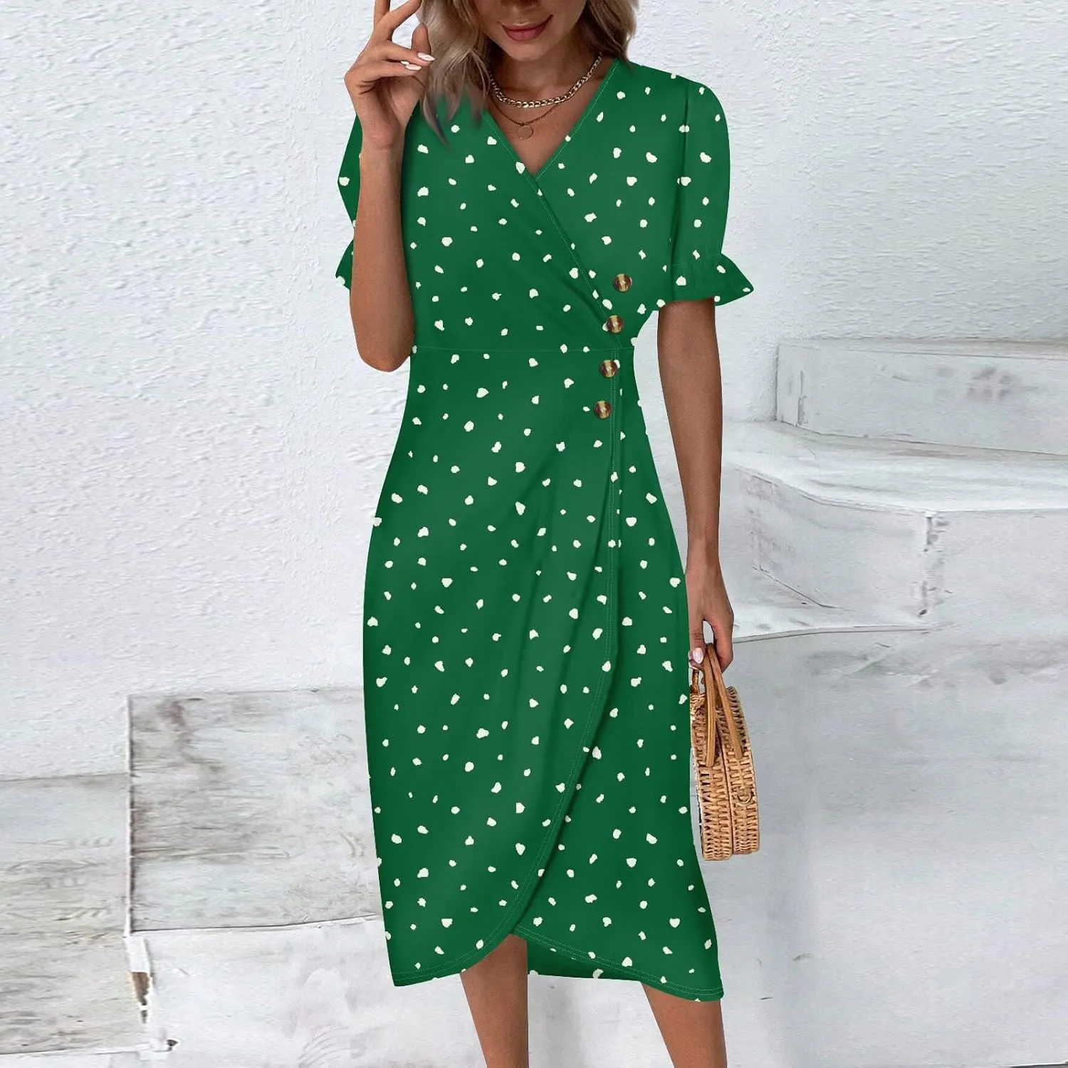 Shift Dresses for Women Faux Wrap Irregular Hem Boho Midi-Dress Elegant Summer 2024 Trendy