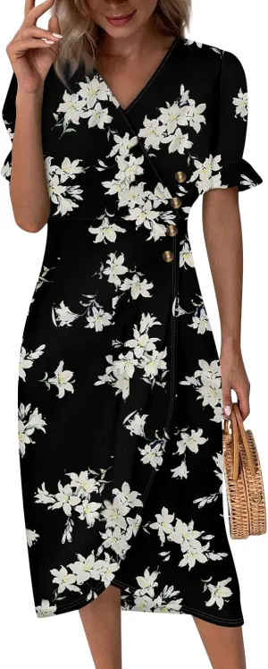 Shift Dresses for Women Faux Wrap Irregular Hem Boho Midi-Dress Elegant Summer 2024 Trendy