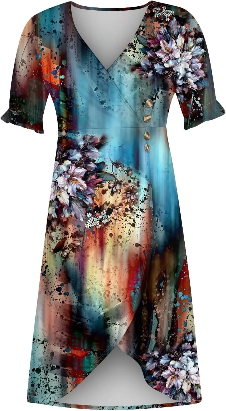 Shift Dresses for Women Faux Wrap Irregular Hem Boho Midi-Dress Elegant Summer 2024 Trendy