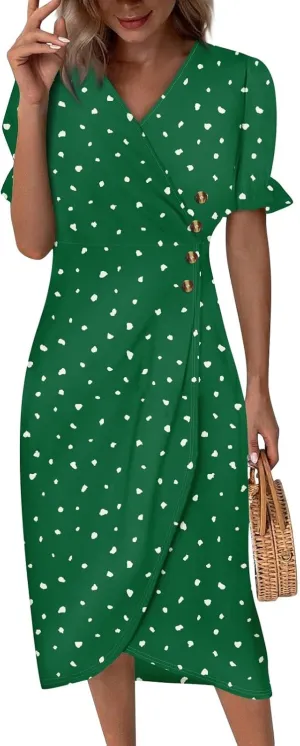 Shift Dresses for Women Faux Wrap Irregular Hem Boho Midi-Dress Elegant Summer 2024 Trendy