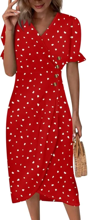 Shift Dresses for Women Faux Wrap Irregular Hem Boho Midi-Dress Elegant Summer 2024 Trendy