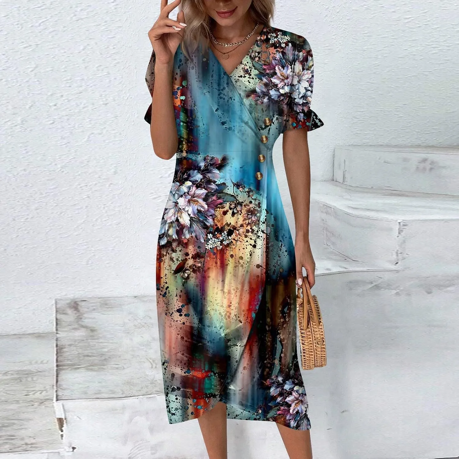 Shift Dresses for Women Faux Wrap Irregular Hem Boho Midi-Dress Elegant Summer 2024 Trendy