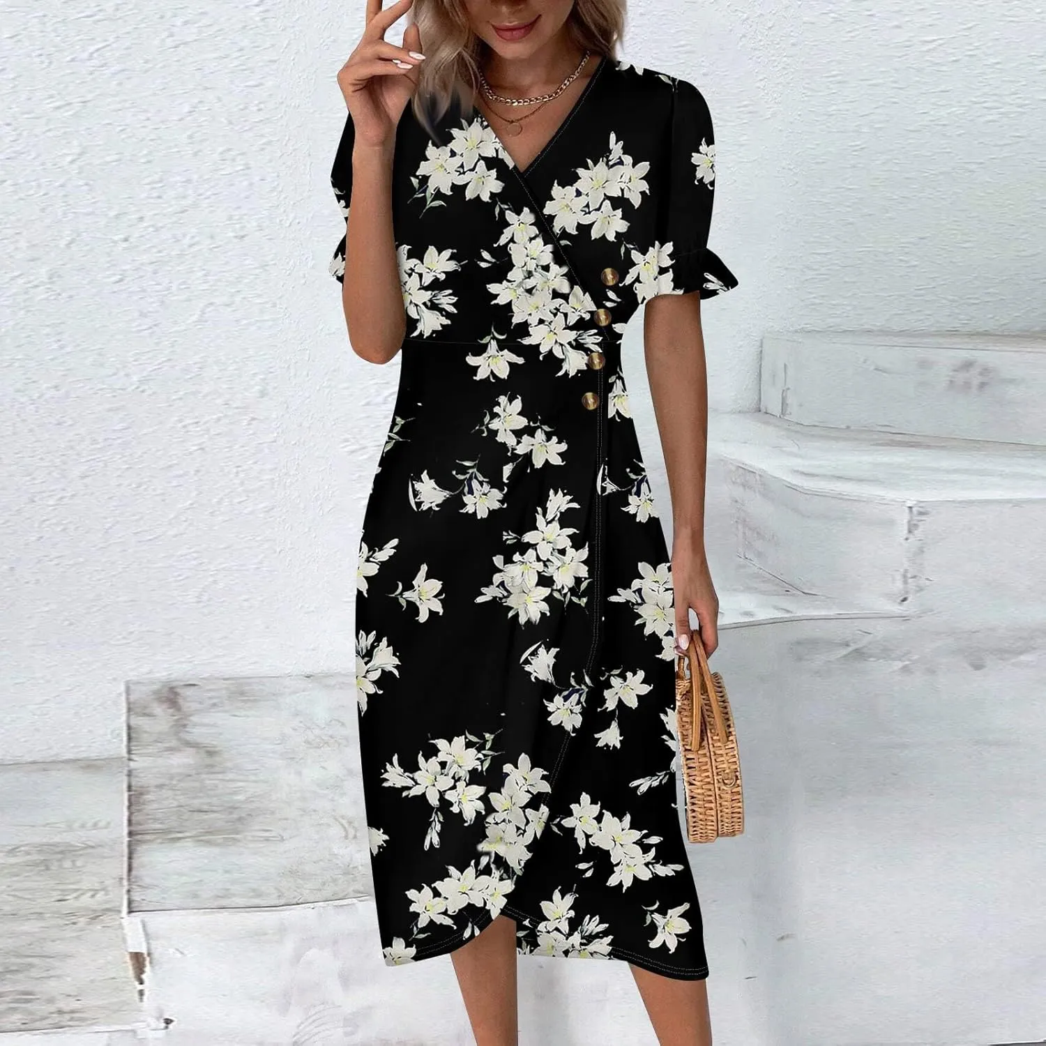 Shift Dresses for Women Faux Wrap Irregular Hem Boho Midi-Dress Elegant Summer 2024 Trendy