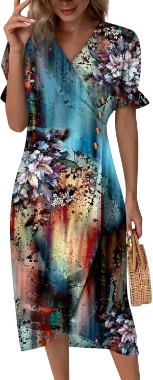 Shift Dresses for Women Faux Wrap Irregular Hem Boho Midi-Dress Elegant Summer 2024 Trendy