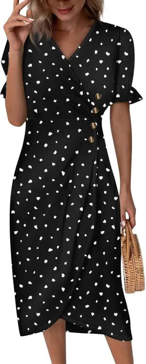 Shift Dresses for Women Faux Wrap Irregular Hem Boho Midi-Dress Elegant Summer 2024 Trendy