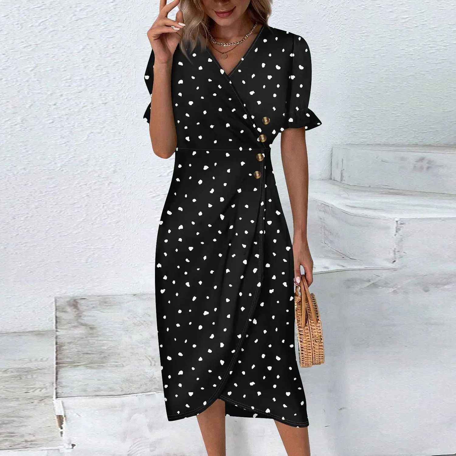 Shift Dresses for Women Faux Wrap Irregular Hem Boho Midi-Dress Elegant Summer 2024 Trendy