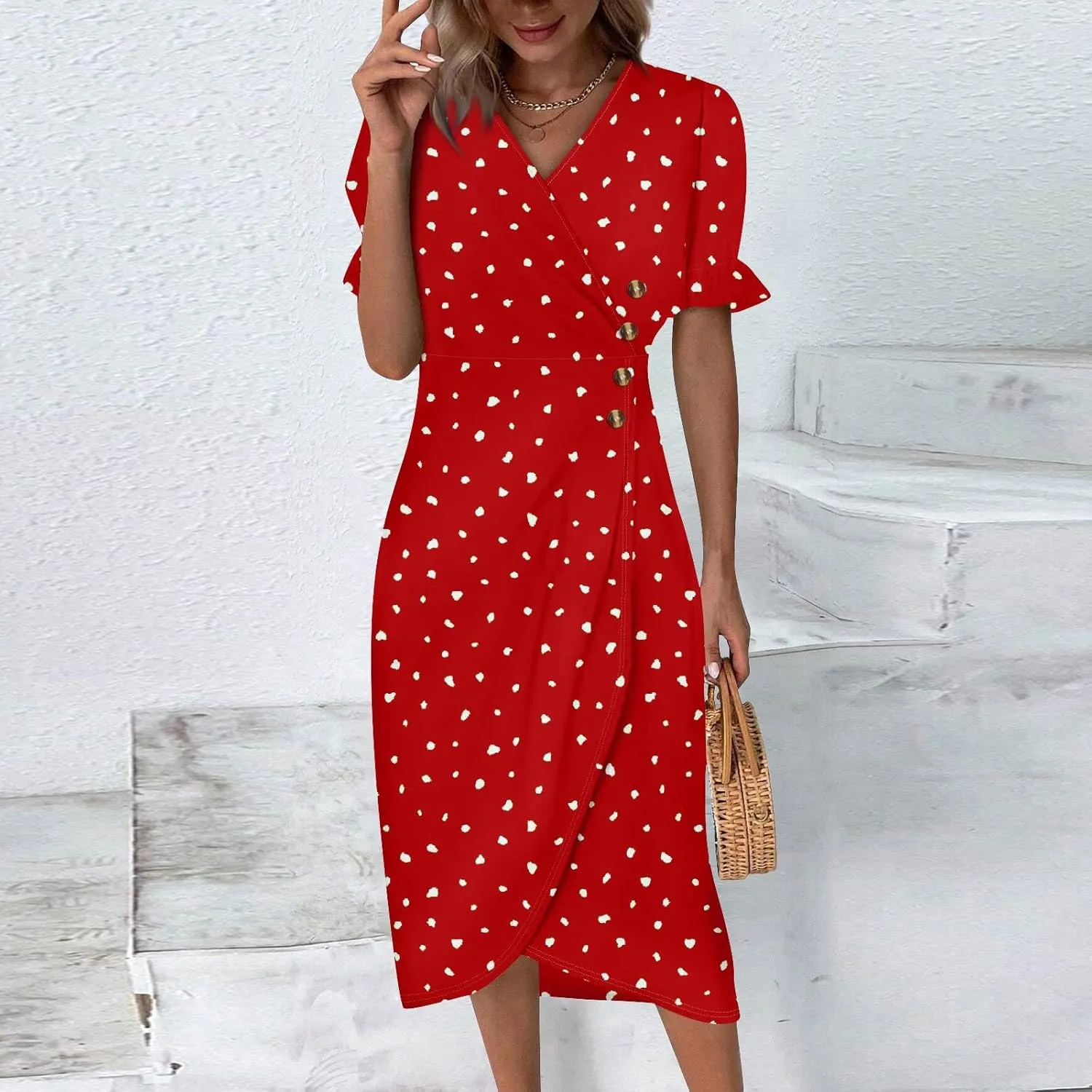 Shift Dresses for Women Faux Wrap Irregular Hem Boho Midi-Dress Elegant Summer 2024 Trendy