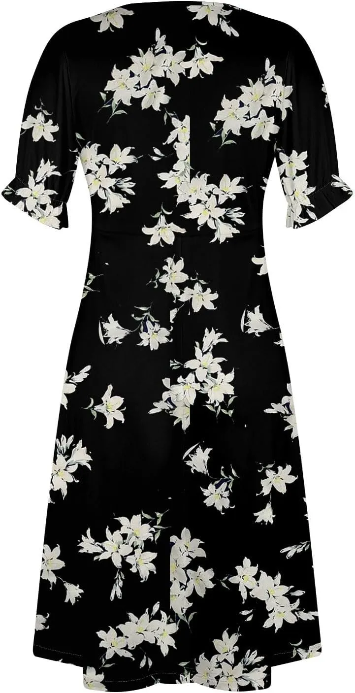 Shift Dresses for Women Faux Wrap Irregular Hem Boho Midi-Dress Elegant Summer 2024 Trendy