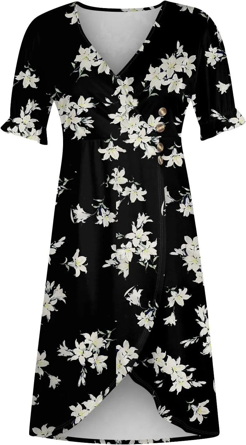 Shift Dresses for Women Faux Wrap Irregular Hem Boho Midi-Dress Elegant Summer 2024 Trendy