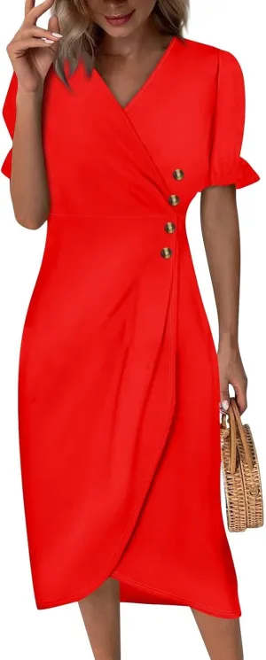 Shift Dresses for Women Faux Wrap Irregular Hem Boho Midi-Dress Elegant Summer 2025 Trendy