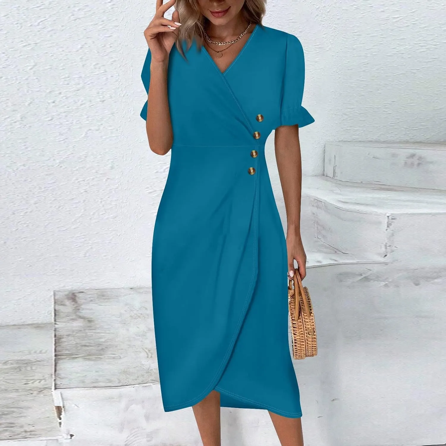 Shift Dresses for Women Faux Wrap Irregular Hem Boho Midi-Dress Elegant Summer 2025 Trendy