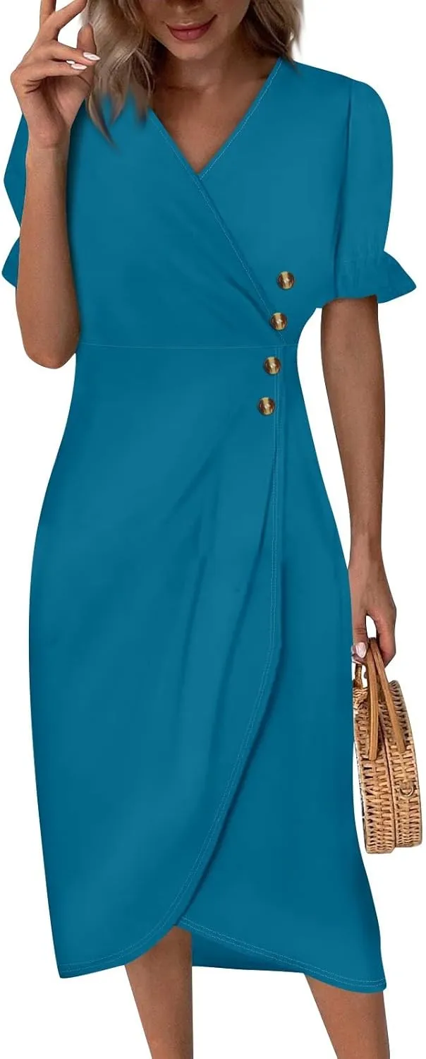 Shift Dresses for Women Faux Wrap Irregular Hem Boho Midi-Dress Elegant Summer 2025 Trendy