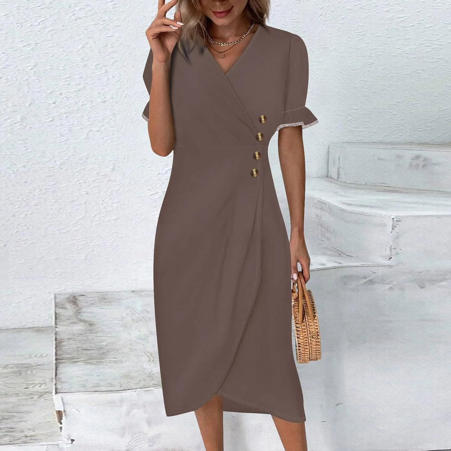 Shift Dresses for Women Faux Wrap Irregular Hem Boho Midi-Dress Elegant Summer 2025 Trendy