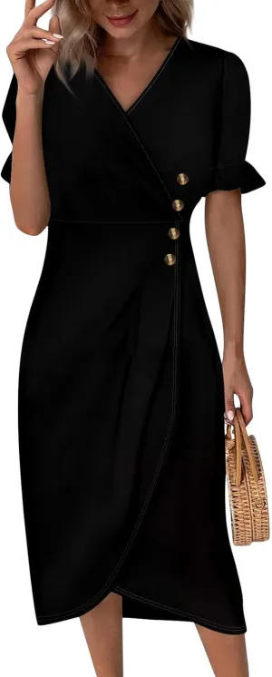 Shift Dresses for Women Faux Wrap Irregular Hem Boho Midi-Dress Elegant Summer 2025 Trendy