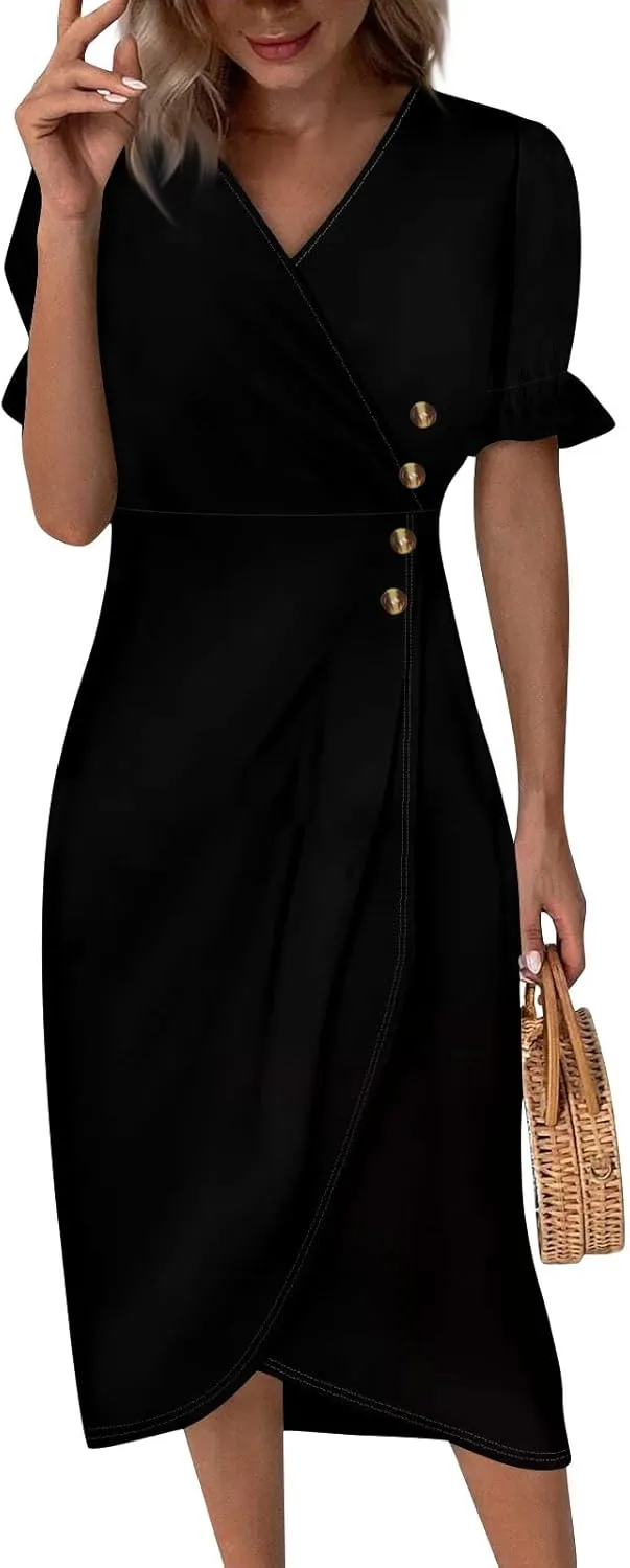 Shift Dresses for Women Faux Wrap Irregular Hem Boho Midi-Dress Elegant Summer 2025 Trendy